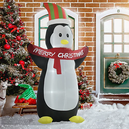 HOMCOM 8ft Inflatable Penguin & Christmas Banner Decoration W/ Inner LED Lights Indoor Outdoor Weather-Resistant Shell Fun Cute 1 HOMCOM 8ft Inflatable Penguin & Christmas Banner Decoration W/ Inner LED Lights Indoor Outdoor Weather-Resistant Shell Fun Cute