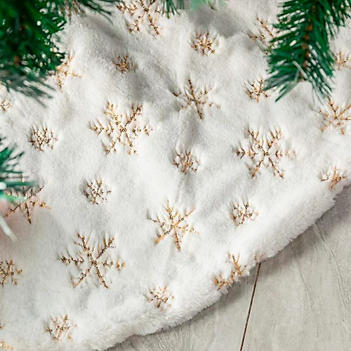 Large Christmas Tree Skirt White Gold Snowflakes Faux Fur Tree Trim Mat 110cm 4 Large Christmas Tree Skirt White Gold Snowflakes Faux Fur Tree Trim Mat 110cm - Image 4