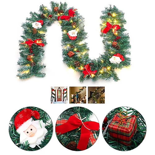 Livingandhome 270 Cm Pine Cones Bow Christmas Garland Santa Claus Decor With 50 LED Light 4 Livingandhome 270 Cm Pine Cones Bow Christmas Garland Santa Claus Decor With 50 LED Light - Image 4