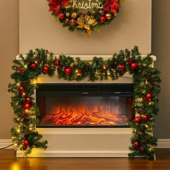 Livingandhome Artificial Light Up Christmas Garland With Pine Cones Red Bauble Decor 270 Cm