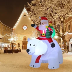 Livingandhome Christmas Inflatable Decoration Outdoor Blow Up Santa Claus Riding A Polar Bear With LED Lights 175 Cm
