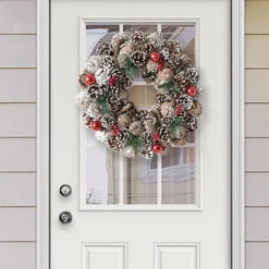 Livingandhome Christmas Leaf Pine Garland Red Berry Artificial Wreath Home Door Decor 38 Cm