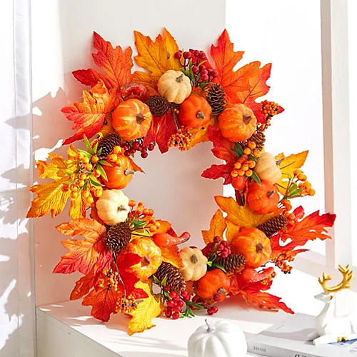 Livingandhome Maple Leaf Pumpkin Autumn Halloween Christmas Wreath With LED Light 60 Cm 2 Livingandhome Maple Leaf Pumpkin Autumn Halloween Christmas Wreath With LED Light 60 Cm - Image 2