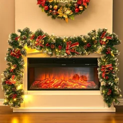 Livingandhome Pine Cone Bow Knot Christmas Garland Xmas Decor With LED Light 270 Cm