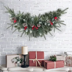 Livingandhome Pine Cones Berries Christmas Garland Xmas Hanging Decor With LED Light 70 CM