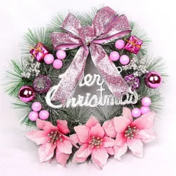 Livingandhome Pink Christmas Wreath Door Window Garland With Bow Decoration
