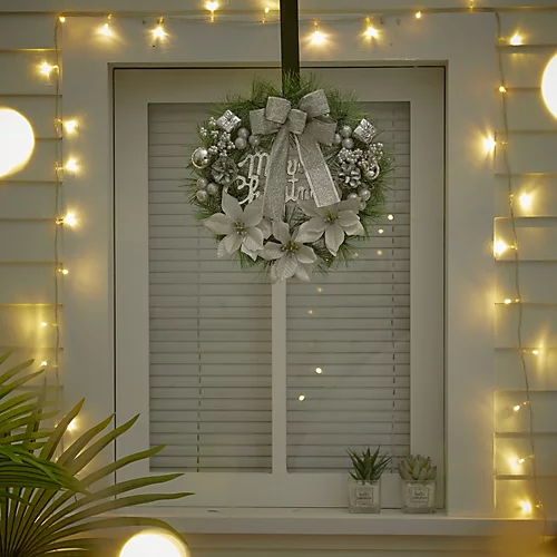 Livingandhome Silver Elegant Glittering Hanging Christmas Wreath With Mixed Decoration 30 Cm 3 Livingandhome Silver Elegant Glittering Hanging Christmas Wreath With Mixed Decoration 30 Cm - Image 3