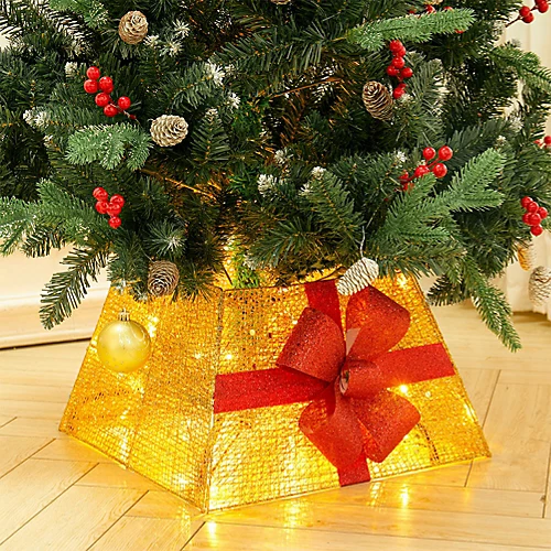Livingandhome Square PVC Mental Wire Christmas Tree Skirt Xmas Tree Bow Decor With Light 1 Livingandhome Square PVC Mental Wire Christmas Tree Skirt Xmas Tree Bow Decor With Light