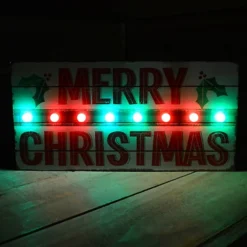 Merry Christmas Rustic Wooden Sign With Red & Green Flashing LED Lights