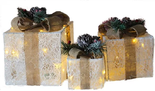 Netagon Set Of 3 Under Christmas Tree Festive Battery Operated LED Light Up Presents Gift Boxes- White & Beige 1 Netagon Set Of 3 Under Christmas Tree Festive Battery Operated LED Light Up Presents Gift Boxes- White & Beige
