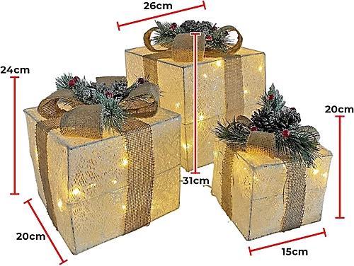 Netagon Set Of 3 Under Christmas Tree Festive Battery Operated LED Light Up Presents Gift Boxes- White & Beige 2 Netagon Set Of 3 Under Christmas Tree Festive Battery Operated LED Light Up Presents Gift Boxes- White & Beige - Image 2