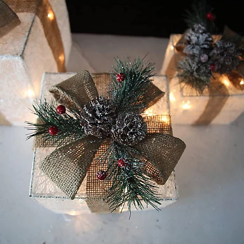 Netagon Set Of 3 Under Christmas Tree Festive Battery Operated LED Light Up Presents Gift Boxes- White & Beige 3 Netagon Set Of 3 Under Christmas Tree Festive Battery Operated LED Light Up Presents Gift Boxes- White & Beige - Image 3