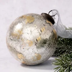 Pack Of 2 Extra Large Silver With Gold Foil 4" Crackle Glass Christmas Bauble