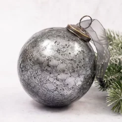 Pack Of 2 Extra Large Slate 4" Crackle Glass Christmas Bauble