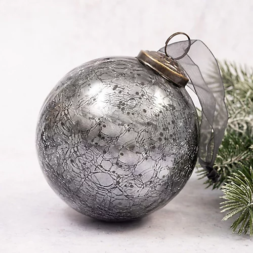 Pack Of 2 Extra Large Slate 4" Crackle Glass Christmas Bauble 1 Pack Of 2 Extra Large Slate 4" Crackle Glass Christmas Bauble