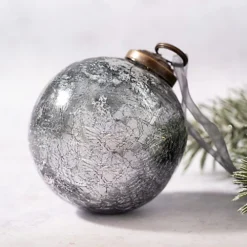 Pack Of 2 Extra Large Slate With Silver Foil 4" Crackle Glass Christmas Ball