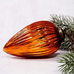 Pack Of 2 Extra Large Tangerine 4" Ribbed Glass Pinecone Christmas Ornaments