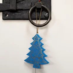 Pack Of 3 Azure Blue And Gold Pebble Hanging Christmas Trees