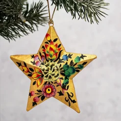 Pack Of 3 Gold Indian Floral 3D Hanging Star Christmas Decoration
