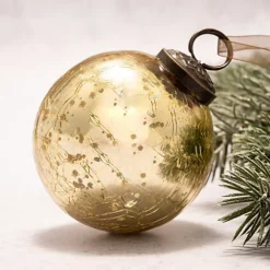 Pack Of 3 Large Gold 3" Crackle Glass Ball Hanging Christmas Decoration