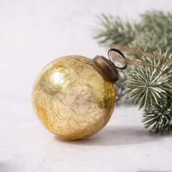 Pack Of 3 Medium Gold 2" Crackle Glass Christmas Bauble