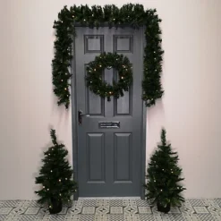 Pre Lit Christmas Door Decoration Kit - 90cm Trees / Garland & 60cm Wreath