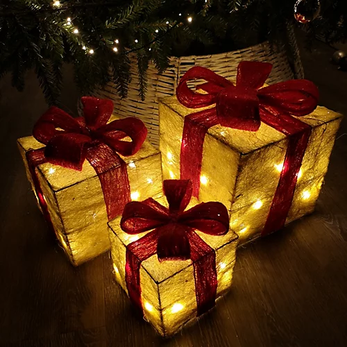 Premier Christmas Set Of 3 Glitter Parcels In Gold With Red Bow & LED Lights Mains Operated 1 Premier Christmas Set Of 3 Glitter Parcels In Gold With Red Bow & LED Lights Mains Operated
