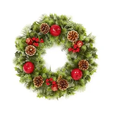 Red Dressed Artificial Christmas Wreath Door Decoration Apples Pine Cones 45cm