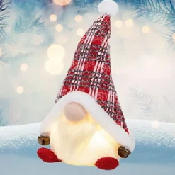 Red Light Up Christmas Gnome Sitting Festive Plush Decoration With Bells 35cm