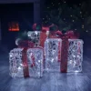 Set Of 3 LED Christmas Parcel Boxes In White With Red Ribbon