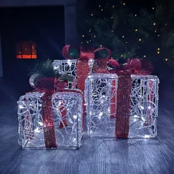 Set Of 3 LED Christmas Parcel Boxes In White With Red Ribbon