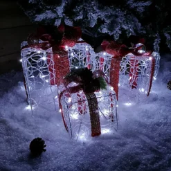 Set Of 3 LED Christmas Parcel Boxes In White With Red Ribbon -Deals Christmas Decor Store set of 3 led christmas parcel boxes in white with red ribbon5056589184148 04c MP