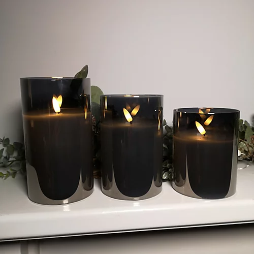 Set Of 3 Warm White Battery Operated Christmas Wax Candles With Timer In Grey 1 Set Of 3 Warm White Battery Operated Christmas Wax Candles With Timer In Grey
