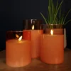 Set Of 3 Warm White Battery Operated Christmas Wax Candles With Timer In Peach Glass
