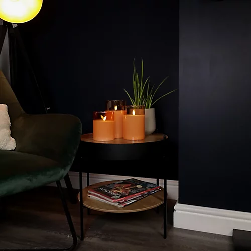 Set Of 3 Warm White Battery Operated Christmas Wax Candles With Timer In Peach Glass 2 Set Of 3 Warm White Battery Operated Christmas Wax Candles With Timer In Peach Glass - Image 2