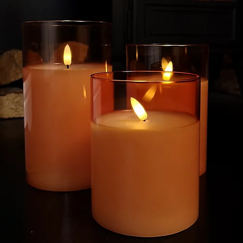 Set Of 3 Warm White Battery Operated Christmas Wax Candles With Timer In Peach Glass 3 Set Of 3 Warm White Battery Operated Christmas Wax Candles With Timer In Peach Glass - Image 3