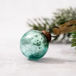 Set Of 6 Small Mint 1" Crackle Glass Christmas Balls