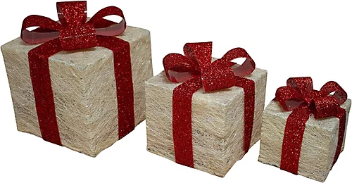 SHATCHI Christmas Parcels Pre-Lit Battery Operated LED Glitter Rattan Xmas Presents Novelty Decorations Set Of 3 - Cream 1 SHATCHI Christmas Parcels Pre-Lit Battery Operated LED Glitter Rattan Xmas Presents Novelty Decorations Set Of 3 - Cream