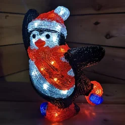Snowtime 30cm Acrylic Christmas Penguin With Red Hat And Scarf - 30 Ice White LEDs