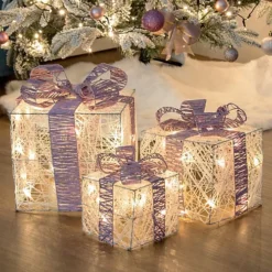 The Christmas Workshop 70839 Set Of 3 Light-Up Christmas Boxes With 65 LED's & Pink Bow