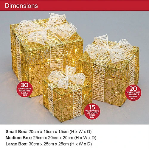 The Christmas Workshop 70989 Set Of 3 Light-Up Christmas Boxes With 65 LED's & Gold & White Bow 2 The Christmas Workshop 70989 Set Of 3 Light-Up Christmas Boxes With 65 LED's & Gold & White Bow - Image 2