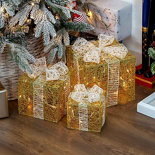 The Christmas Workshop 70989 Set Of 3 Light-Up Christmas Boxes With 65 LED's & Gold & White Bow 4 The Christmas Workshop 70989 Set Of 3 Light-Up Christmas Boxes With 65 LED's & Gold & White Bow - Image 4