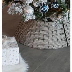 Three Piece Grey Wicker Christmas Tree Skirt Woven Wicker Willow Tree Ring Cover 57cm X 28cm