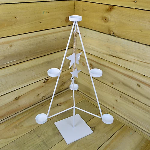 White Christmas Tree 7 Tealight Holder With Dangling White Stars 1 White Christmas Tree 7 Tealight Holder With Dangling White Stars