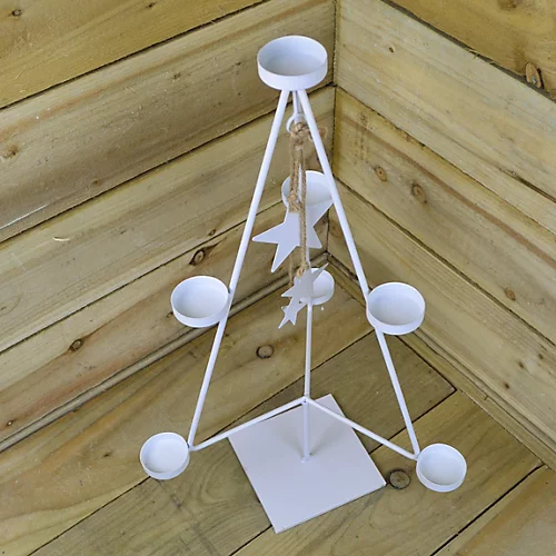 White Christmas Tree 7 Tealight Holder With Dangling White Stars 3 White Christmas Tree 7 Tealight Holder With Dangling White Stars - Image 3